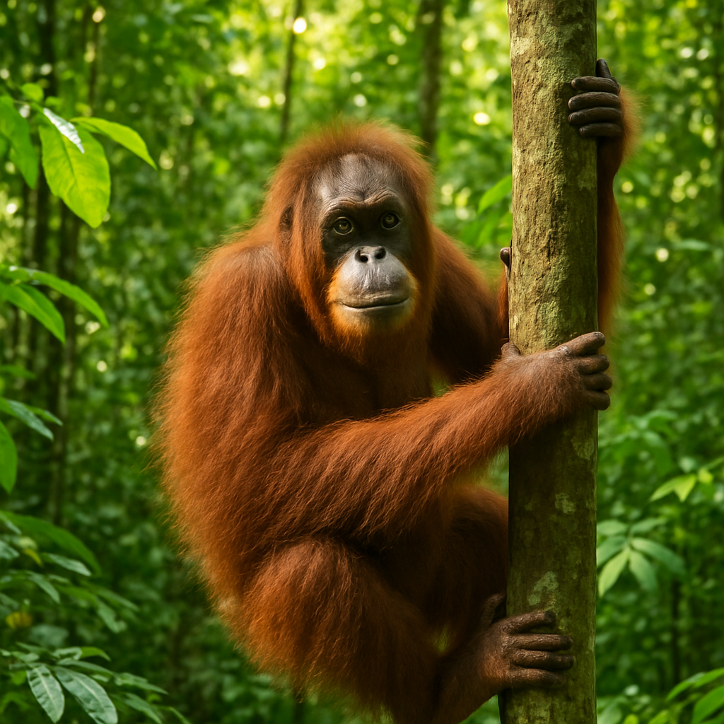 An orangutan climbing a tree in a lush green forest.