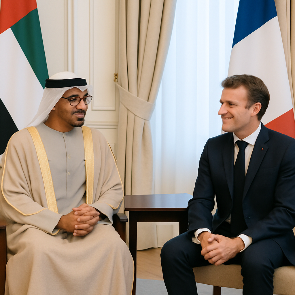 UAE-France Business Meeting Two leaders from UAE and France meeting in a room with national flags.